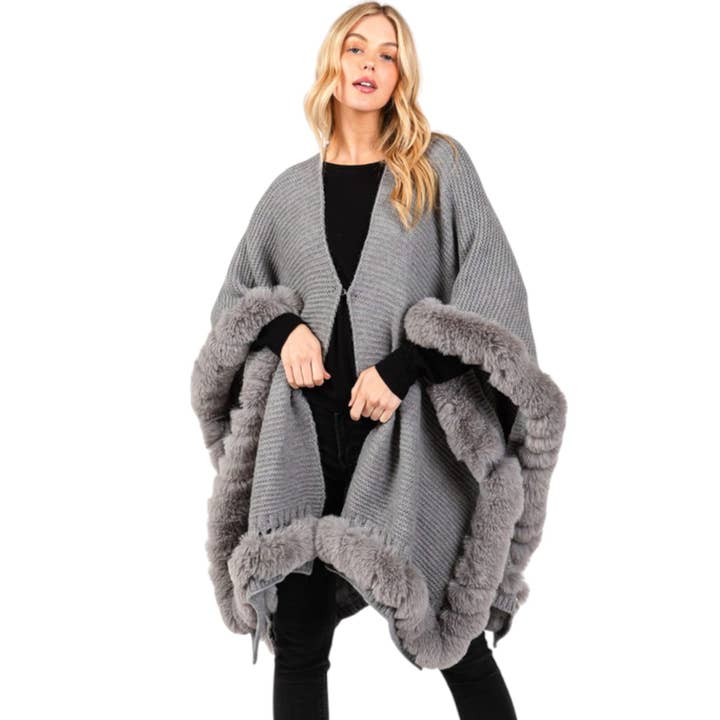 Faux Fur Trim Winter Cape Cardigan for wholesale by LA Jewelry Plaza