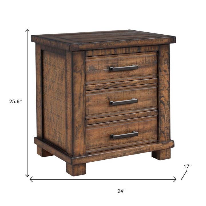 HomeRoots - Wholesale Bedroom Furniture - Set of Two 26" Walnut Solid Wood Distressed Three Drawer Nightstand2