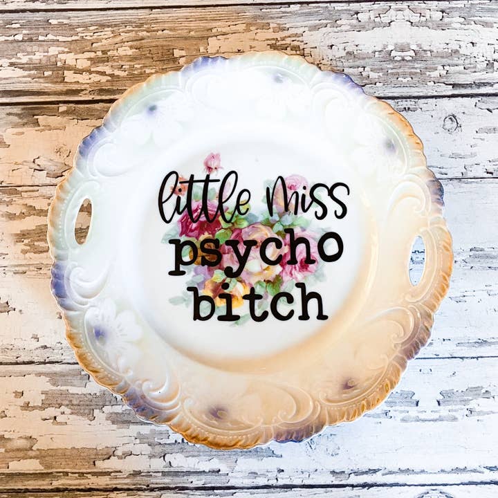 Piatti divertenti riciclati, Little Miss Psycho, negozio di articoli da regalo, per la vendita all'ingrosso da parte di pretty little creeps