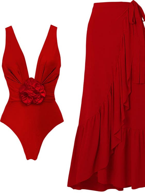 Solid Color Red Rose One Piece Swimwear Y285 for wholesale by Sweetkama