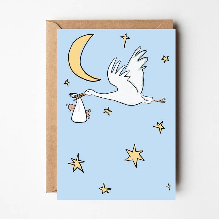 New Baby Card (White) - Sweet Baby With a Stork Card for wholesale by Bellynam Studio