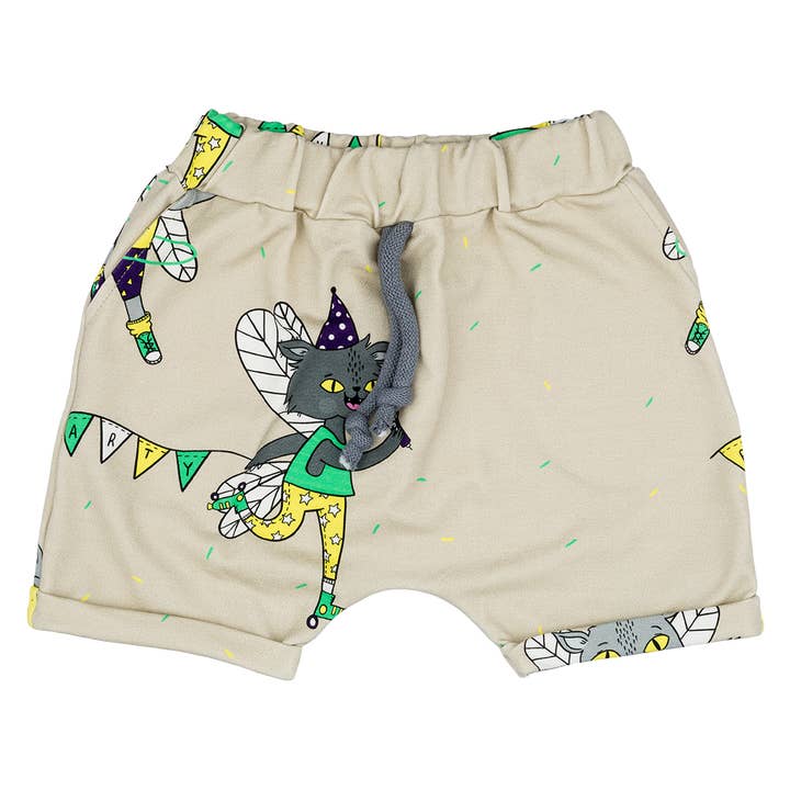 Flying Kitty Beige Sweatshorts for wholesale by Raspberry Republic