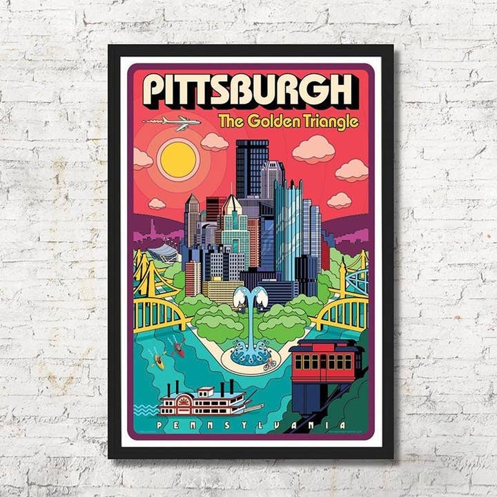 Impression artistique murale de la ligne d'horizon de Pittsburgh - Style Pop Art pour la vente par Red Robot Design & Illustration