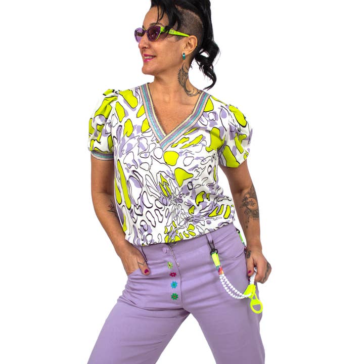 Puff Sleeves V-Neck Blouse with Abstract Printed Front for wholesale by Lalipop Design