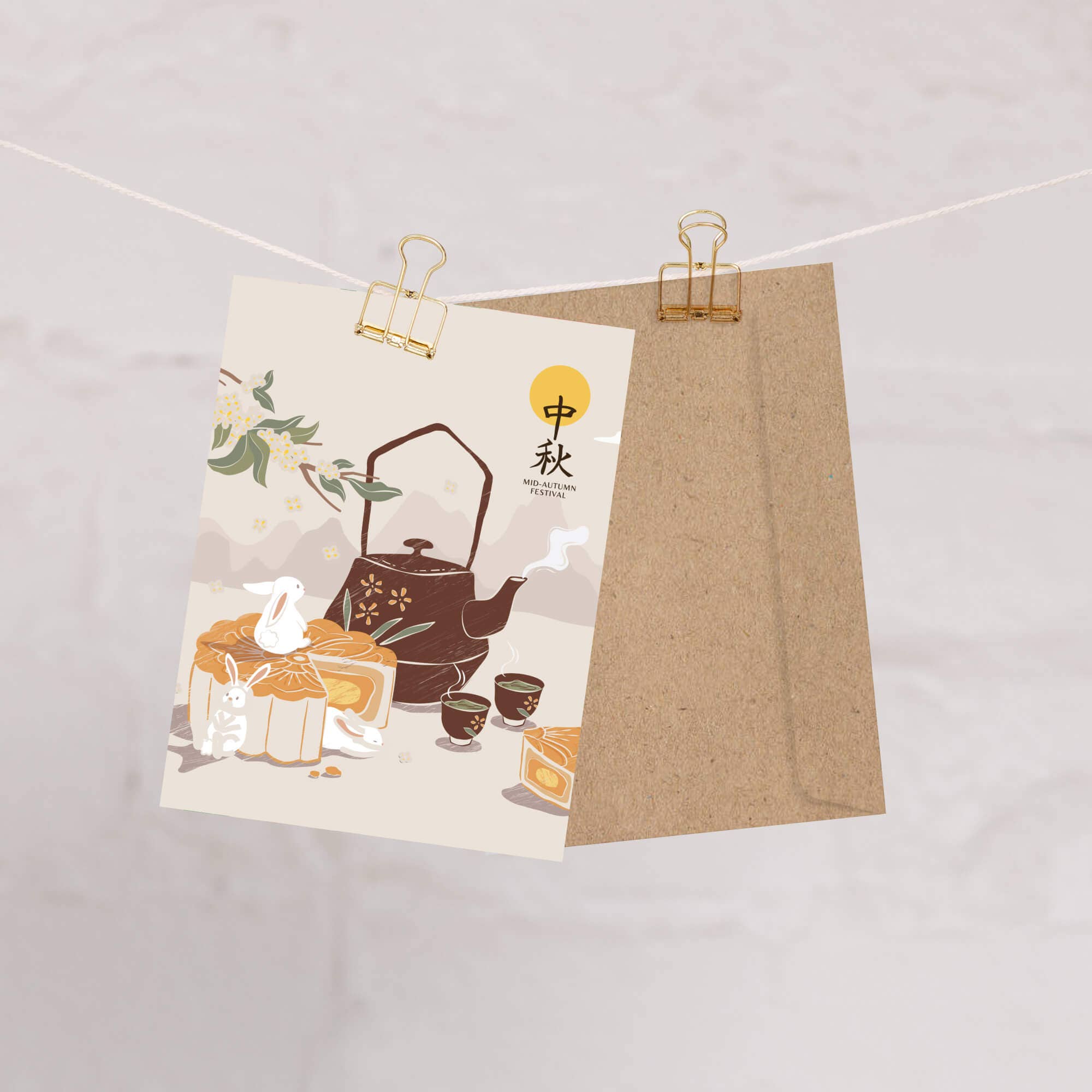 Cute Asian Cards - Wholesale Everyday Greeting Card - Brown Teapot Mid-Autumn Festival Card | Jade Rabbits Full Moon1