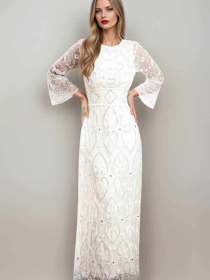 Rose Embellished Off White Modest Dress for wholesale by Jywal London®