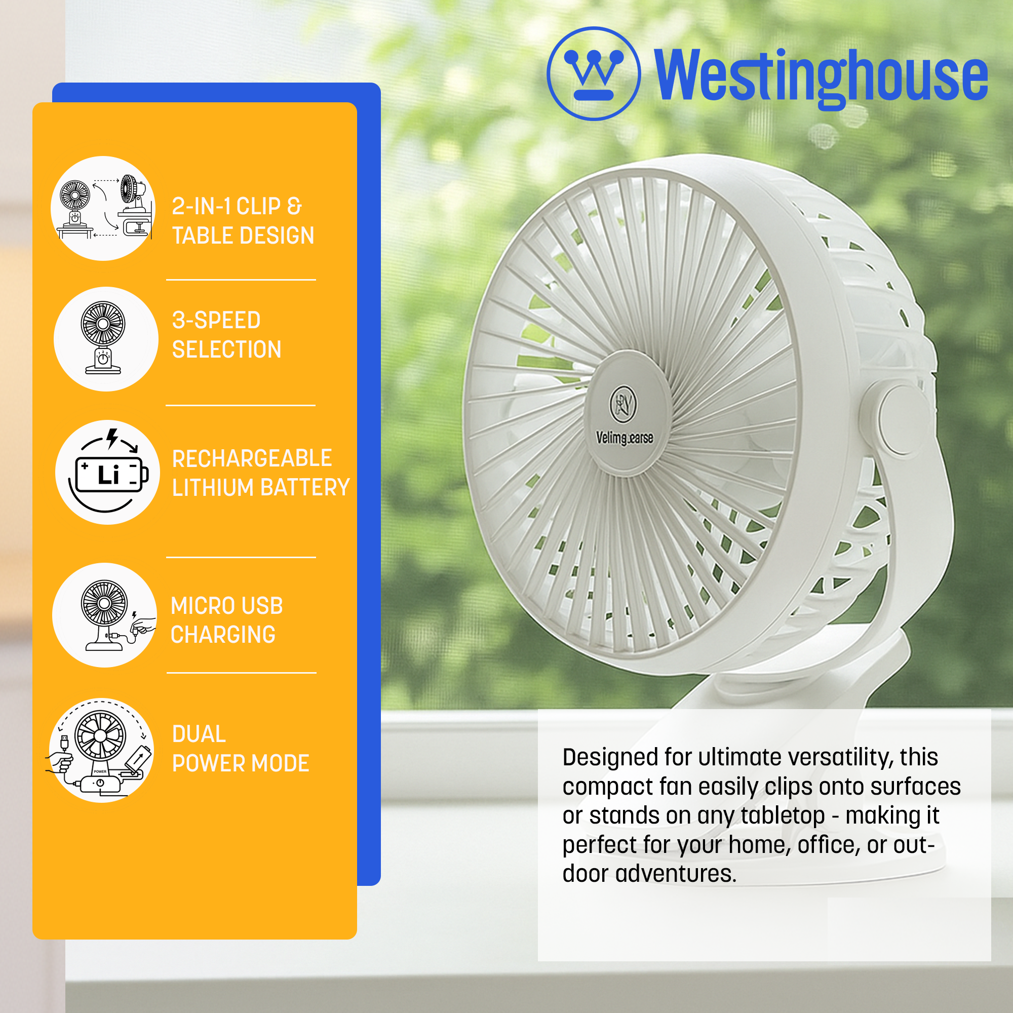 Westinghouse - Vente Ventilateur électrique portatif - Ventilateur rechargeable 2-en-1 à pince/table Westinghouse + adaptateur3