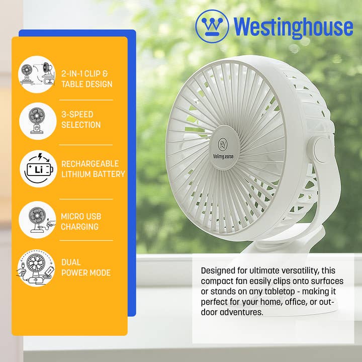 Westinghouse - Vente Ventilateur électrique portatif - Ventilateur rechargeable 2-en-1 à pince/table Westinghouse + adaptateur3