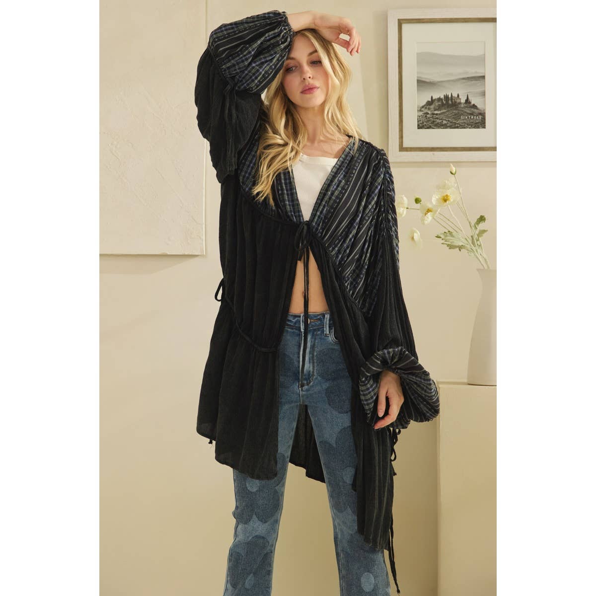 Oli&Hali - Wholesale Cardigan - Women's - WASHED FRONT TIE DRAWSTRING CLOSURE DUSTER10