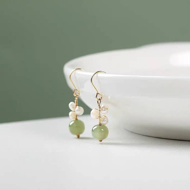 Haengseongworkshop - Wholesale Dangle Earrings - 18K Gold Plated Freshwater Pearls Hetian Jade Dangle Earrings