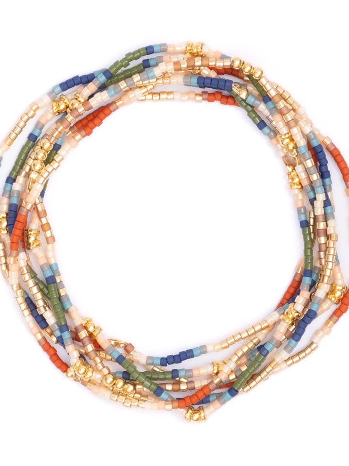 Set/7 Miyuki Beaded Stretch Bracelets (Blue/Green/Rust) for wholesale by Mayana Designs Co