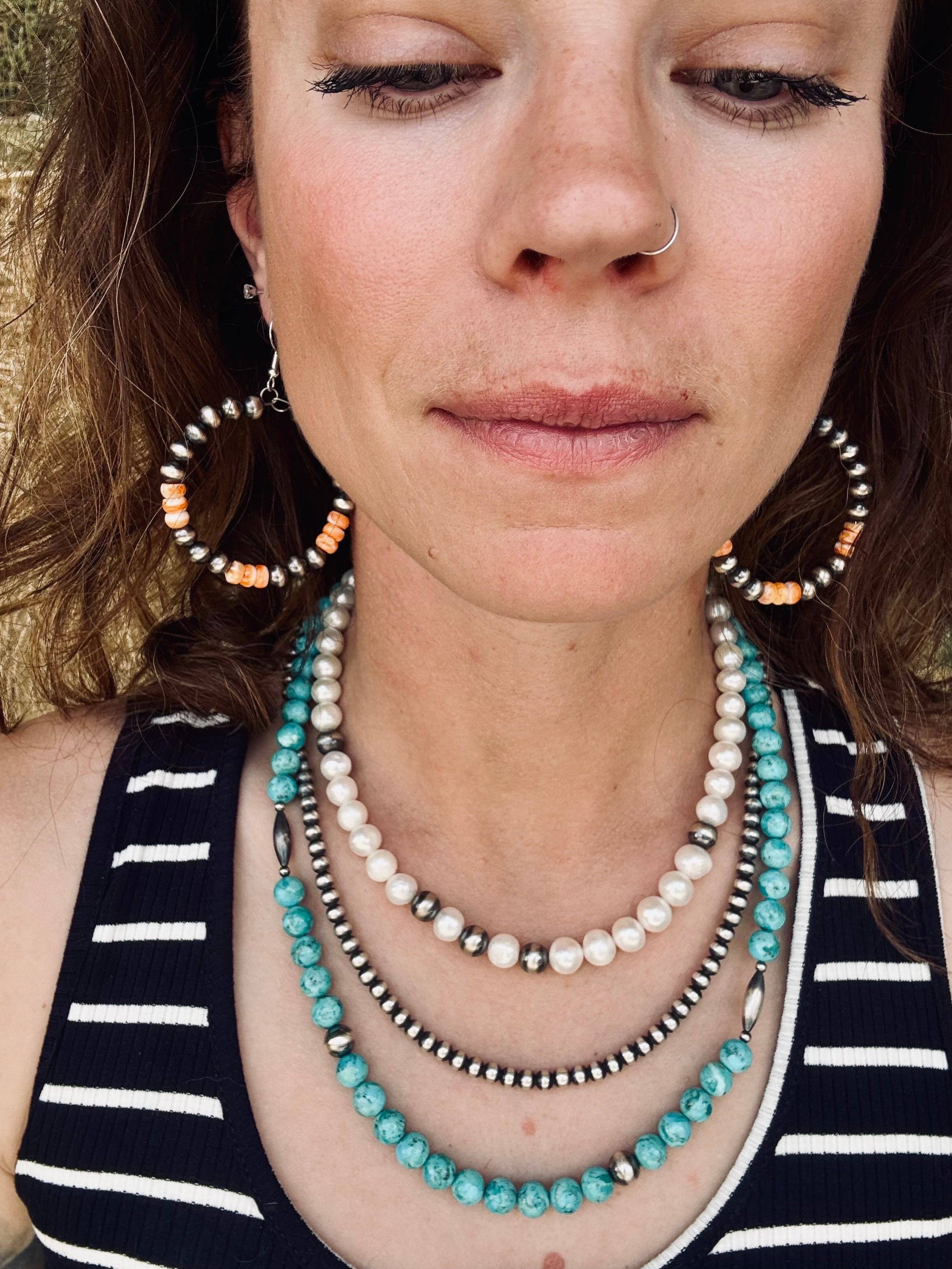 Wild Hancock Creations - Wholesale Beaded/Pearl Necklace - Kingman Turquoise Necklace With 8MM Navajo Pearls & Torpedo's4