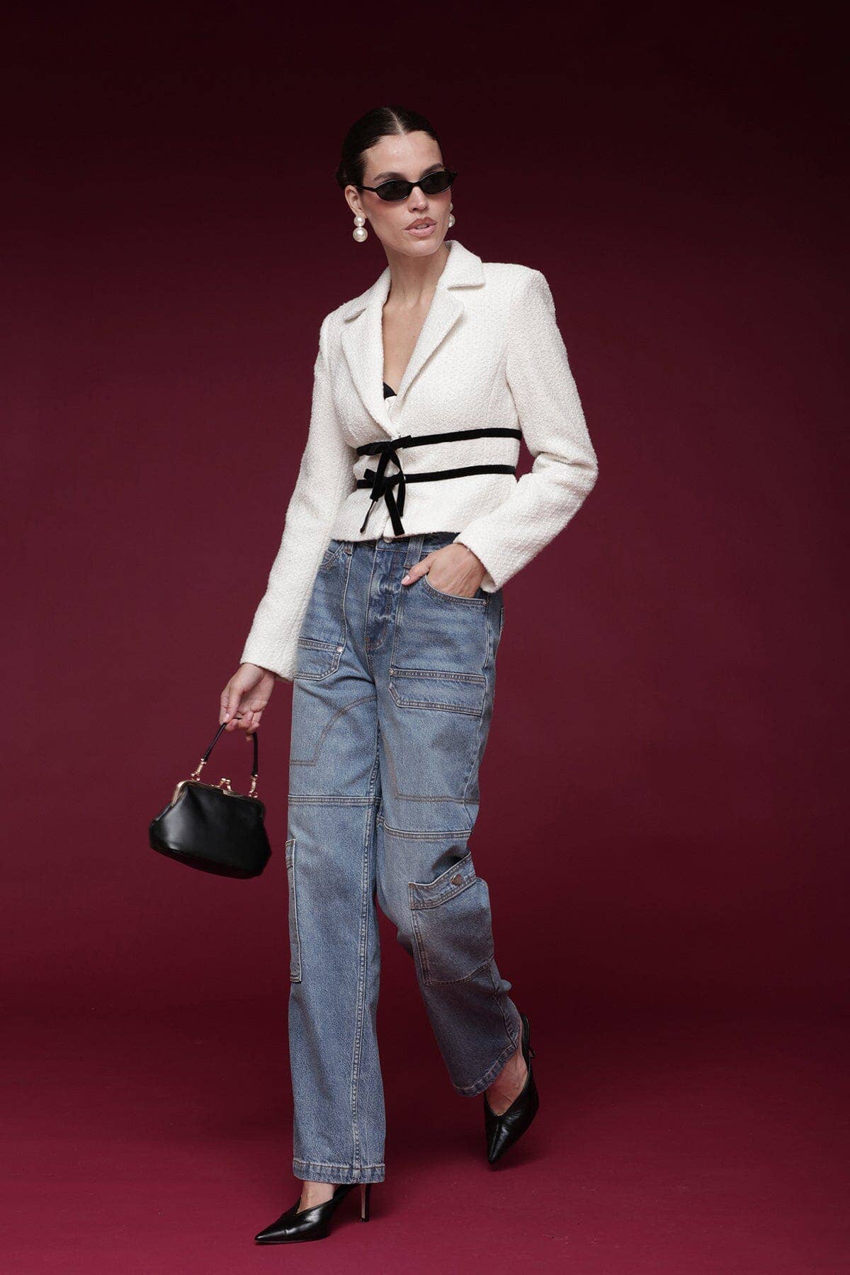 Ivory Black Velvet Bow Trim Tweed Jacket for wholesale on Faire6