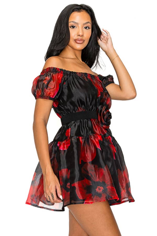 Miss Avenue - Vente Robe – femme - DM3812 ORGANZA FLORAL À ÉPAULES DÉNUDÉES AVEC ROBE CEINTURÉE4