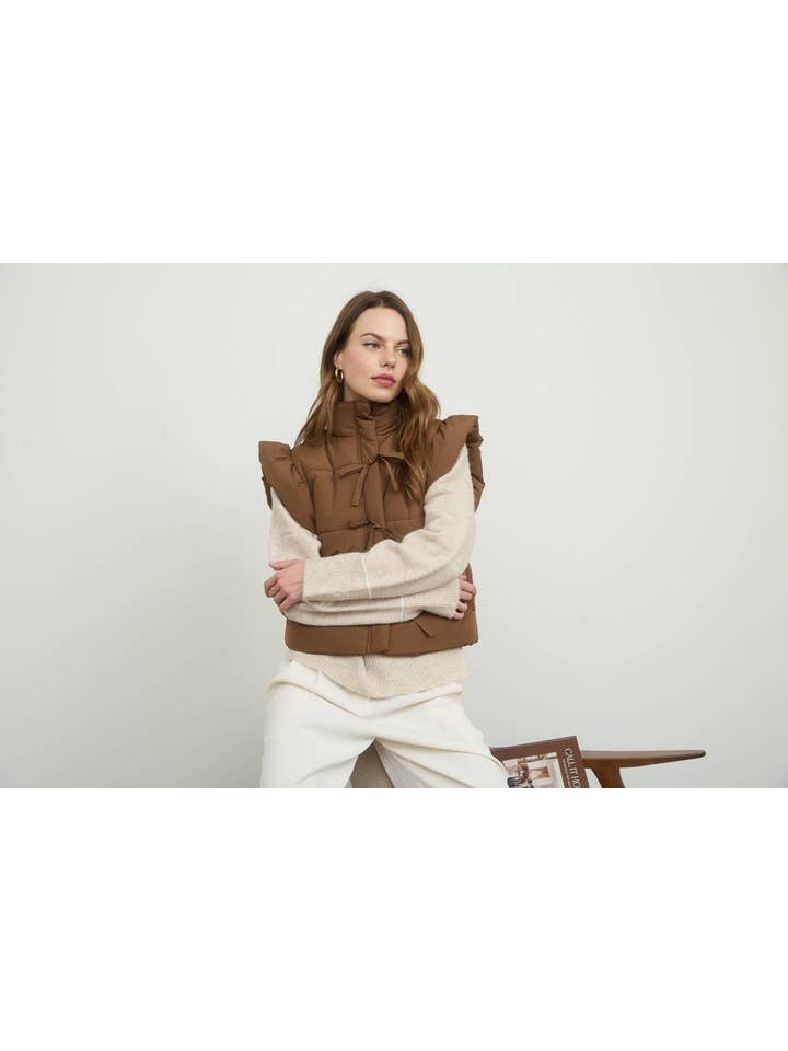 MINE - Wholesale Outerwear Vest - Women's - FLUTTER SLEEVE BOW DETAIL ZIP-UP PUFFER VEST20