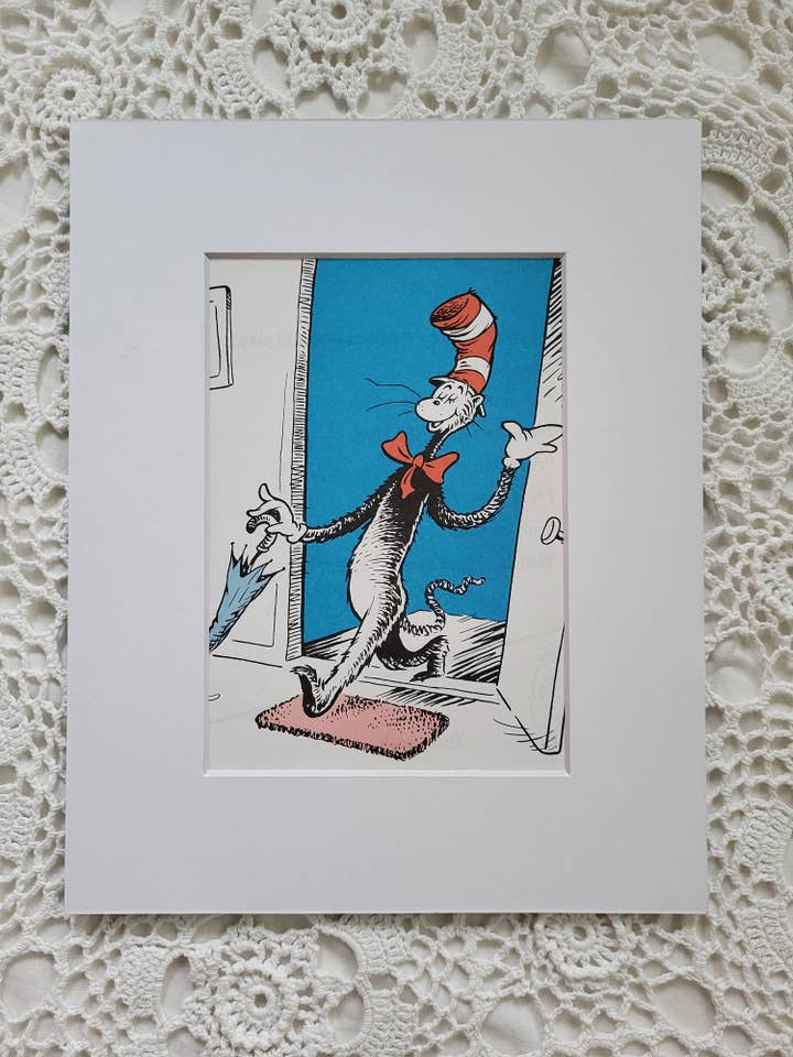 Matted Upcycled Cat in the Hat Illustration for wholesale by Sugar Shop Vintage & Paperie
