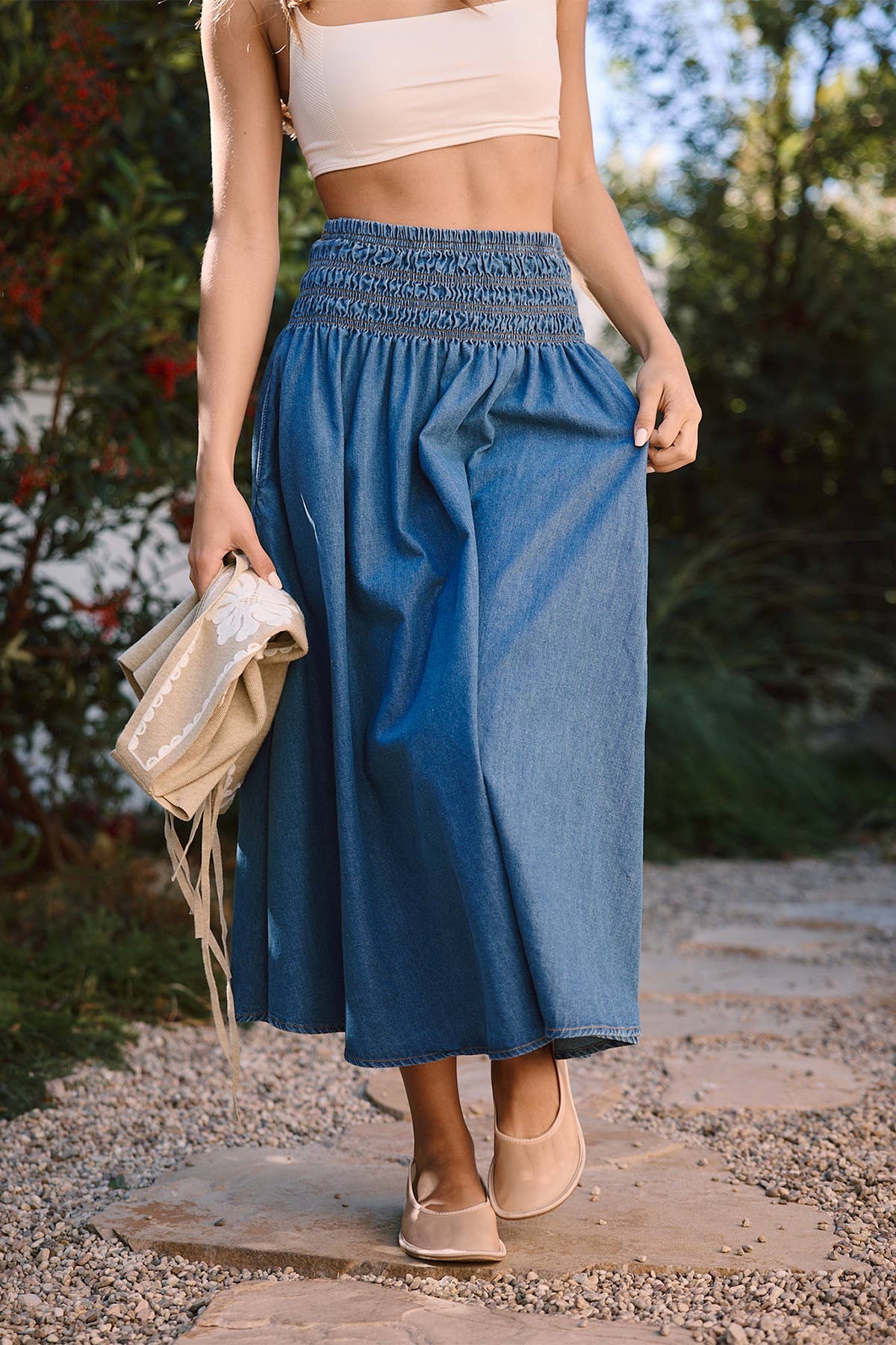 Smocked Waistband Denim Skirt - RS1034 for wholesale on Faire6