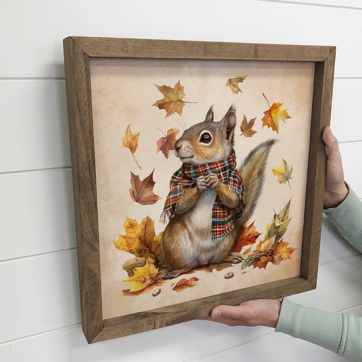 Hangout Home - Wholesale Art Print - Fall Flannel Squirrel with Scarf - Fall Squirrel Canvas Art2