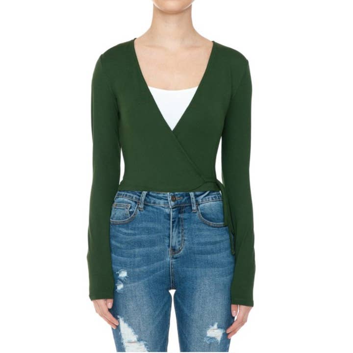 UP CLOTHING - Wholesale Knit Top - Women's - Deep V Neck Long Sleeve Surplice Wrap Crop Top5