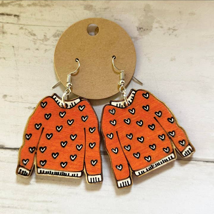 Fall Sweater Wooden Laser Cut Earrings for wholesale by Little Country Cottage LLC