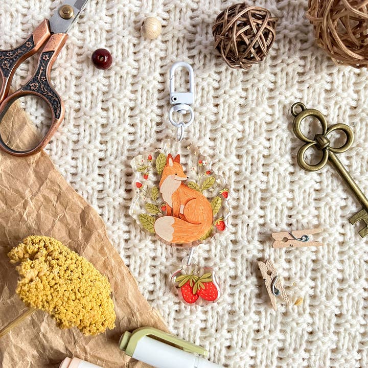 Acrylic Keychain - Strawberry Fox for wholesale by annalunakdraws