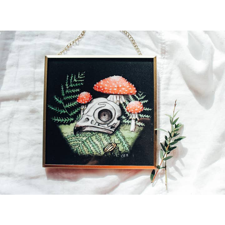 Fly Aminata Mushrooms And Burrowing Owl Skull Framed Print for wholesale by Brevity Art