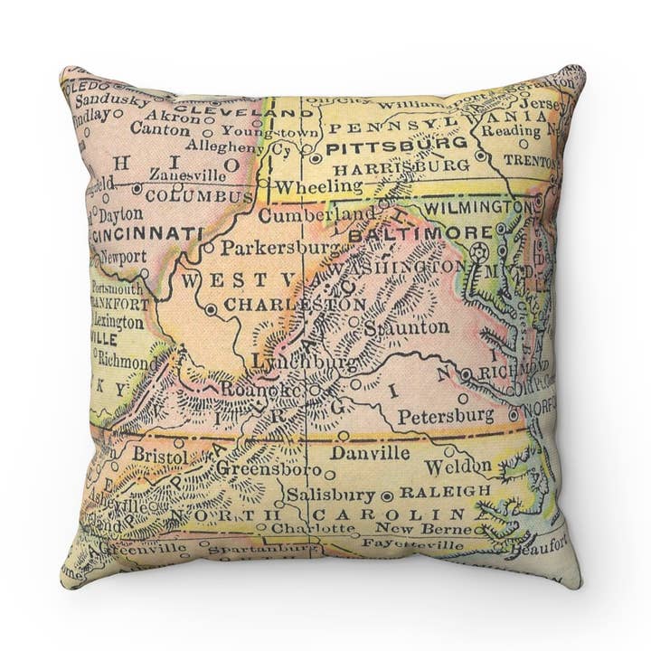 Virginia Map Pillow – 18" Square Throw Pillow for wholesale by Daisy Mae Designs