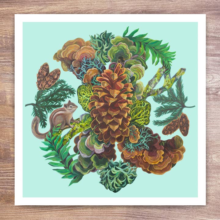 Pinecone, Chipmunk & Ferns Forest Wildlife Art Print for wholesale by Marigold Art Studios