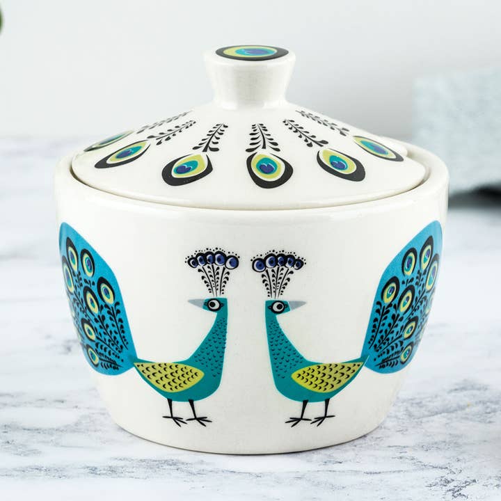 Håndlavet Keramisk Peacock Sugar Pot med låg for engroshandel hos Hannah Turner Ltd