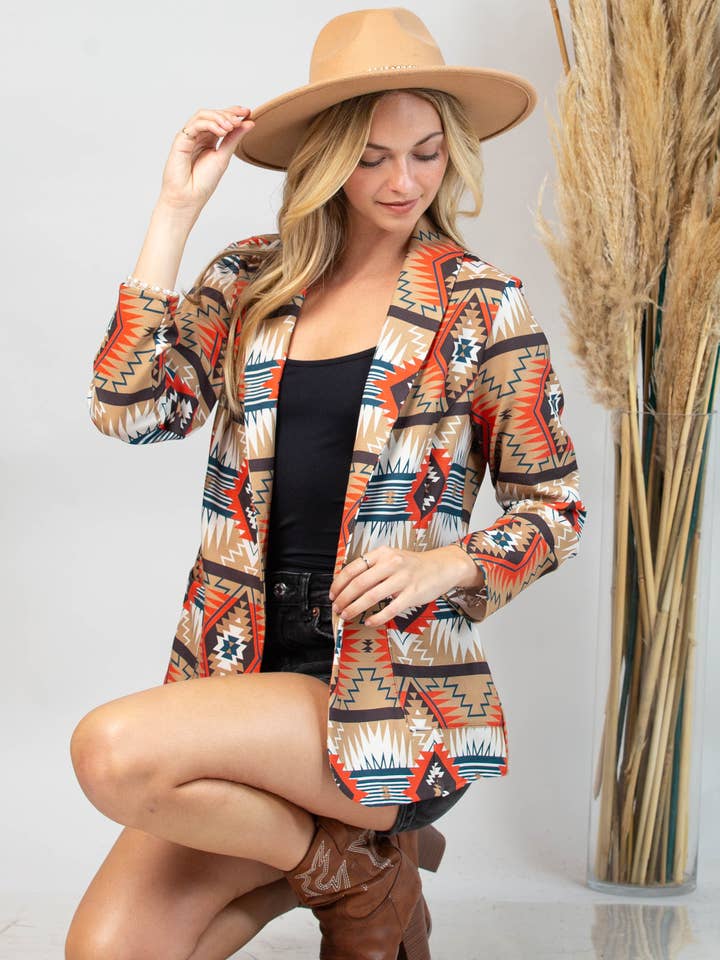 AV1227-ELLA AZTEC PRINT BLAZER WITH POCKET for wholesale by Avery