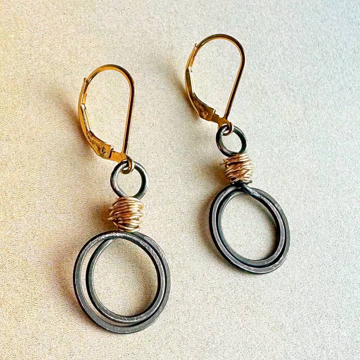 Freshie & Zero - Wholesale Dangle Earrings - Gold Swirl Loops Oxidized Silver Circle Earrings Wire Wrap0