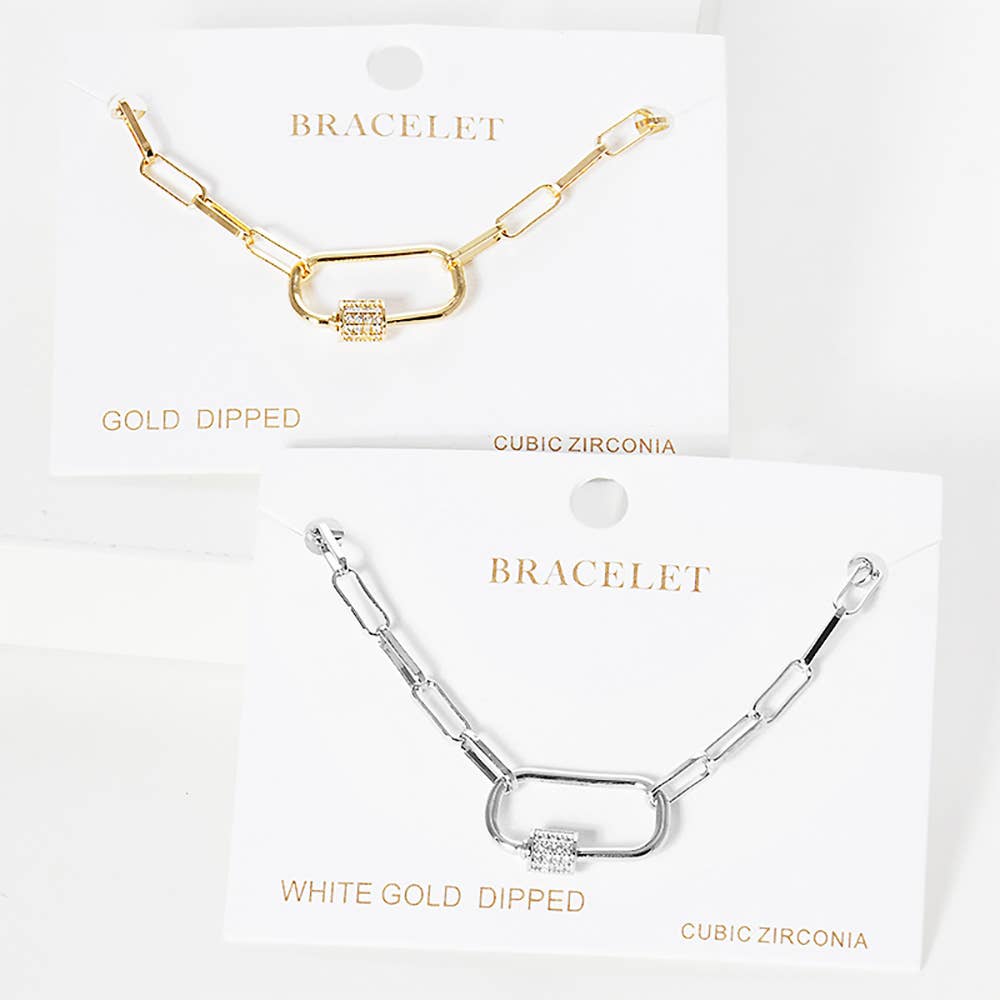Sensibling Corp. - Wholesale Link & Chain Bracelet - Gold Dipped CZ Carabiner Pointed Paperclip Chain Bracelet0
