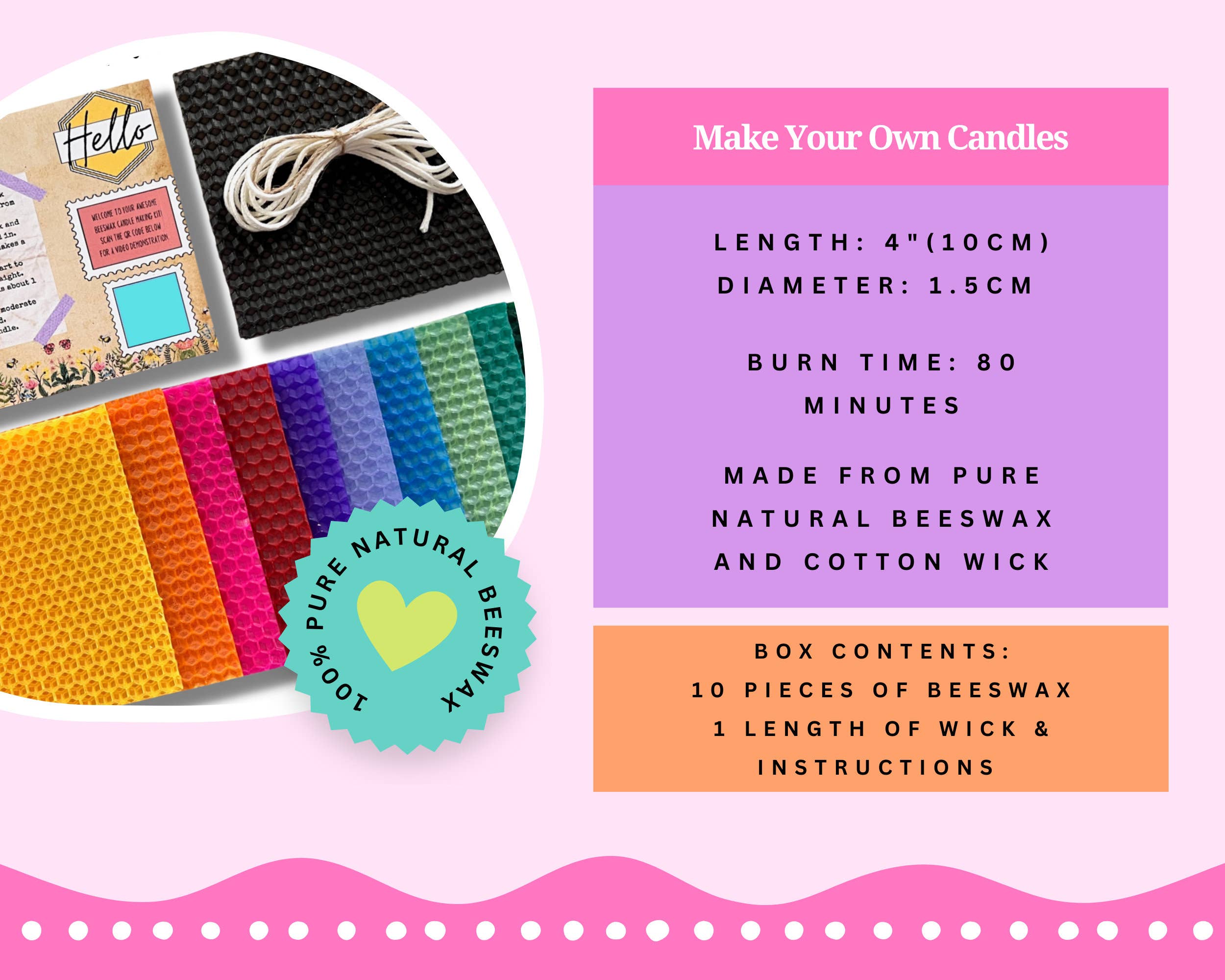 Phoenix Candle Company - Vente Kit de bricolage - Kit pour fabriquer 10 bougies en cire d'abeille de 10 cm2