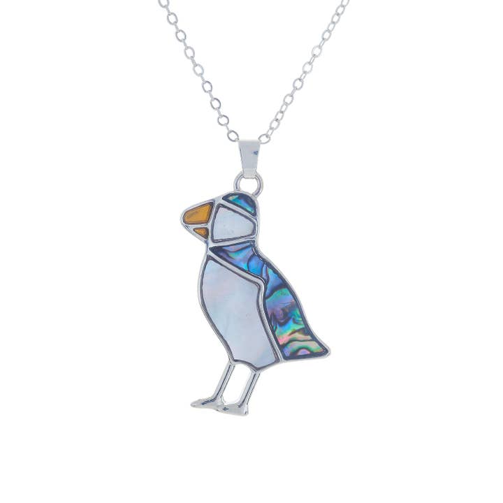 Paua Shell Puffin Pendant with Pearl Inlay, Rhodium Plated for wholesale by Byzantium Collection Ltd
