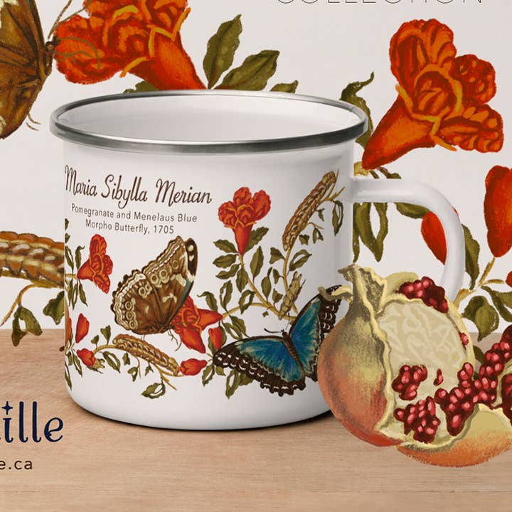 Pomegranate and Blue Morpho Butterfly Enamel Mug for wholesale by Raquel Maciel