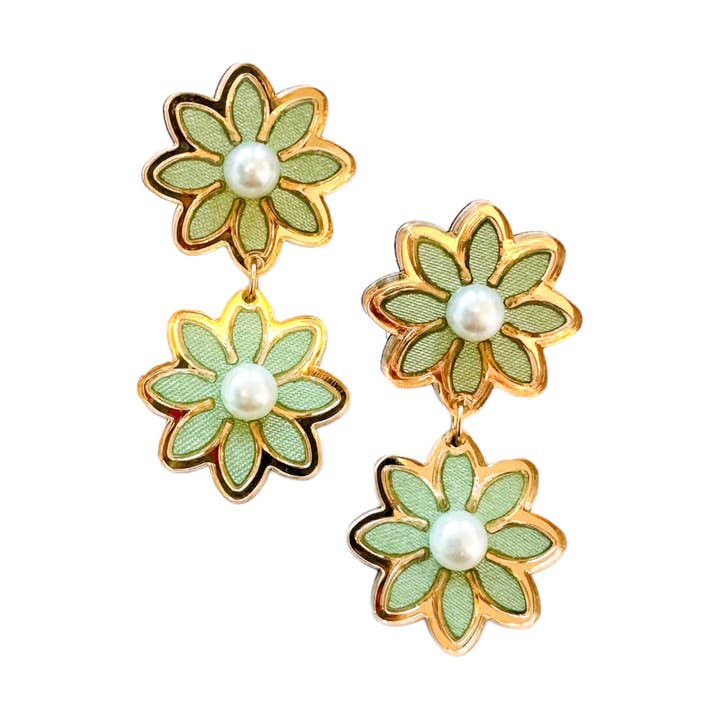 Spring Sage Double Daisy Dangle Earrings for wholesale by BOHEMIAN GEMME