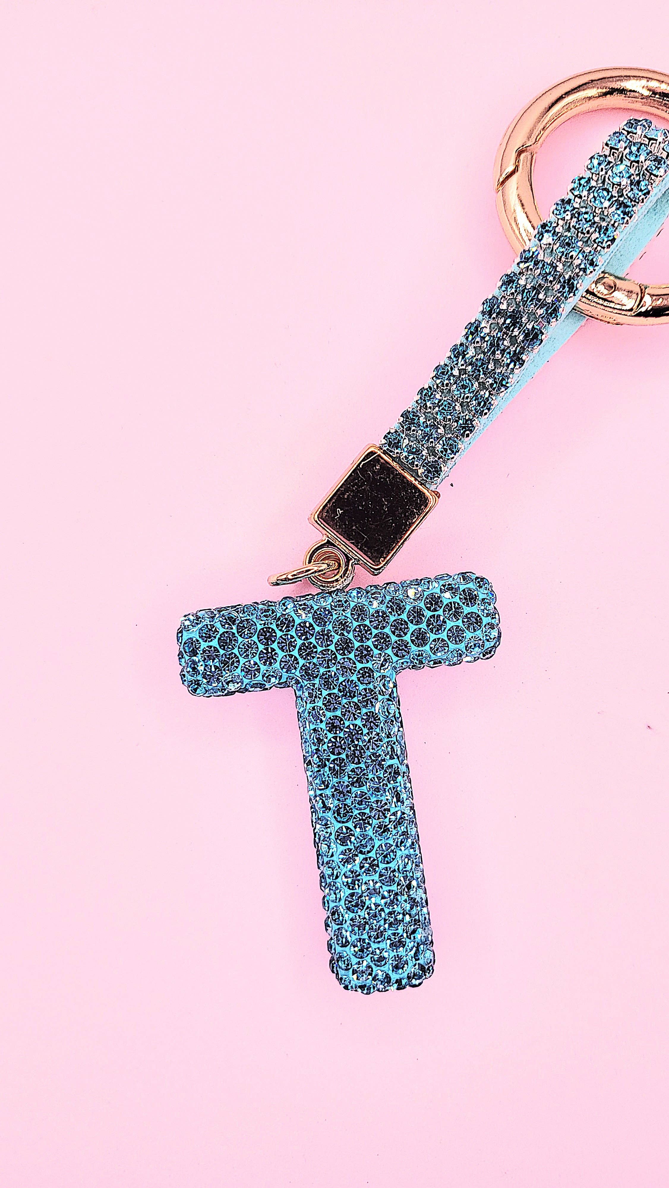 Silver Initial Letter Blue Crystal Key Ring & Bag Charm for wholesale on Faire18