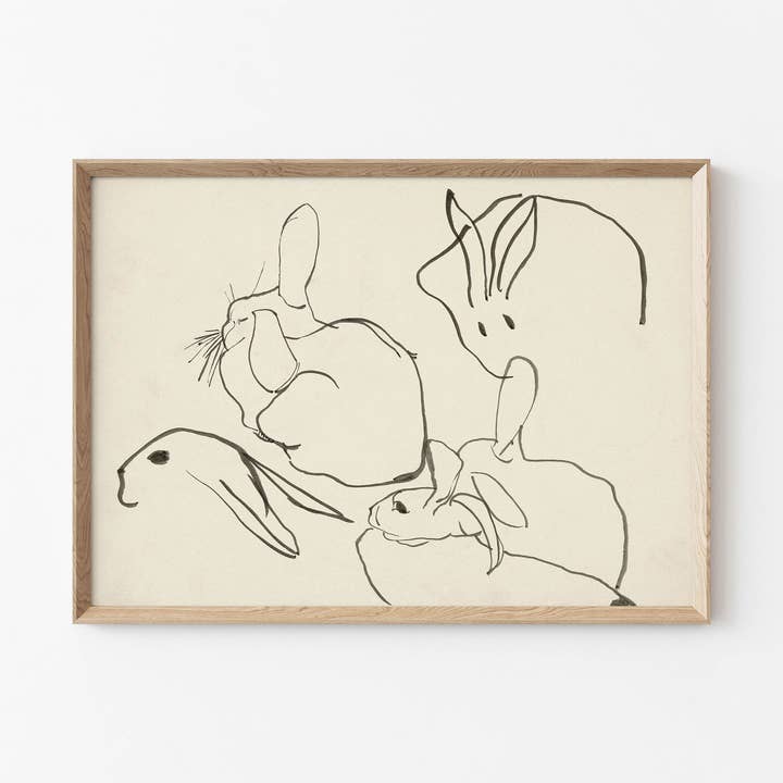 Vintage Art Print - Rabbits Ink Drawing - 'Rabbit Time' for wholesale by AMY WARR ART