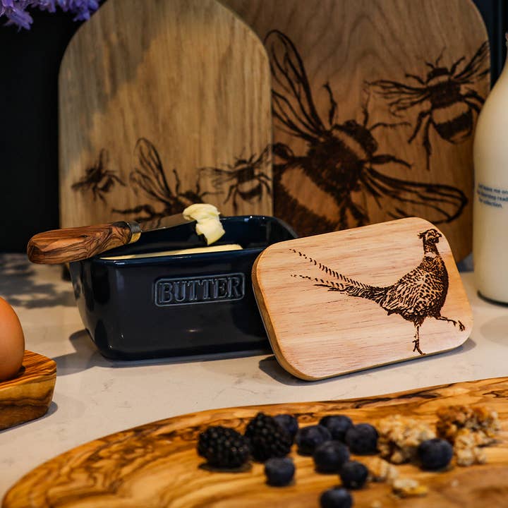 Selbrae House Ltd – Großhandel Butterdosen – Butterdose aus Fasaneiche und Keramik, Blau