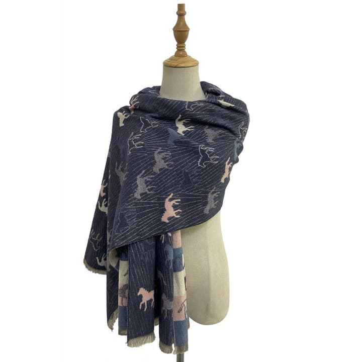 Fashion Scarf World - Wholesale Scarf - Women's - Horse Print With Reversible Stripe Frayed Scarf
