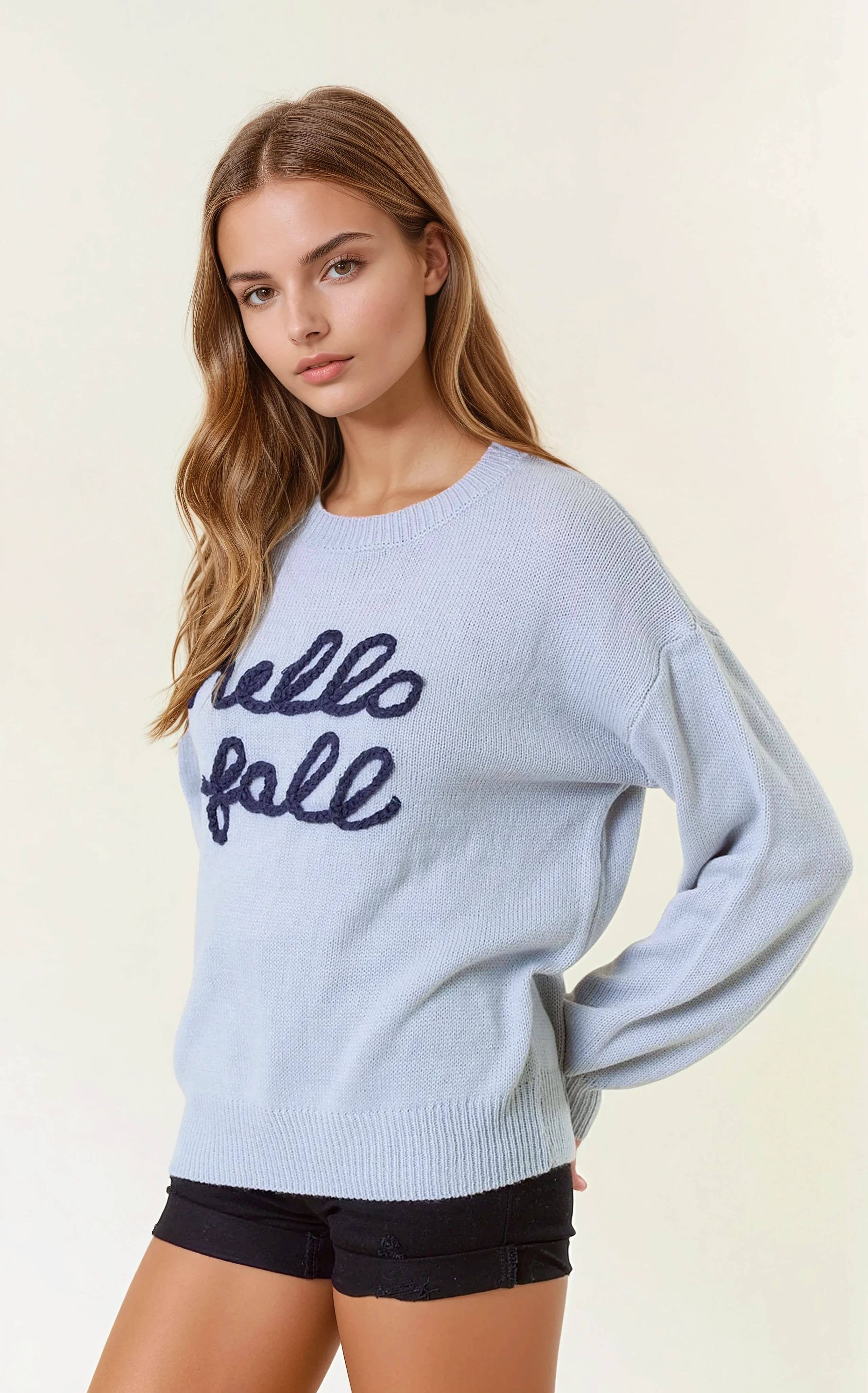 Doe and Rae - Wholesale Knit Sweater - Women's - HELLO FALL Letter Embroidered Oversize Sweater - 43995T-27