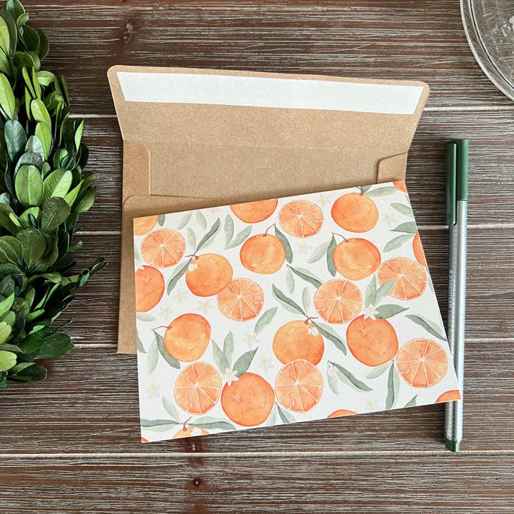 Jennifer Vaudo Art – wholesale Kontorsmateriel/Notecard Set – Apelsiner Kontorsmaterial Set, Citrus Kort, Blanka Inuti