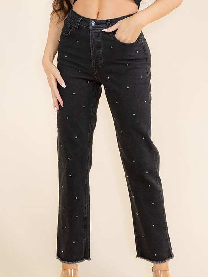 Black RHINESTONE DETAIL STRAIGHT LEG DENIM PANTS for wholesale on Faire