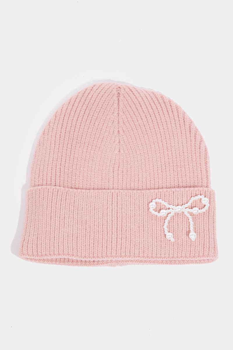Collections by Fame Accessories - Wholesale Beanie - Women's - Pearl Beaded Ribbon Bow Charm Knitted Beanie4