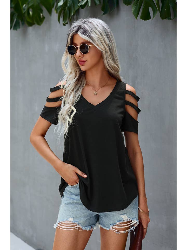 Supreme Fashion - Wholesale Blouse - Women's - Short Sleeve Cutout Cold Shoulder Top