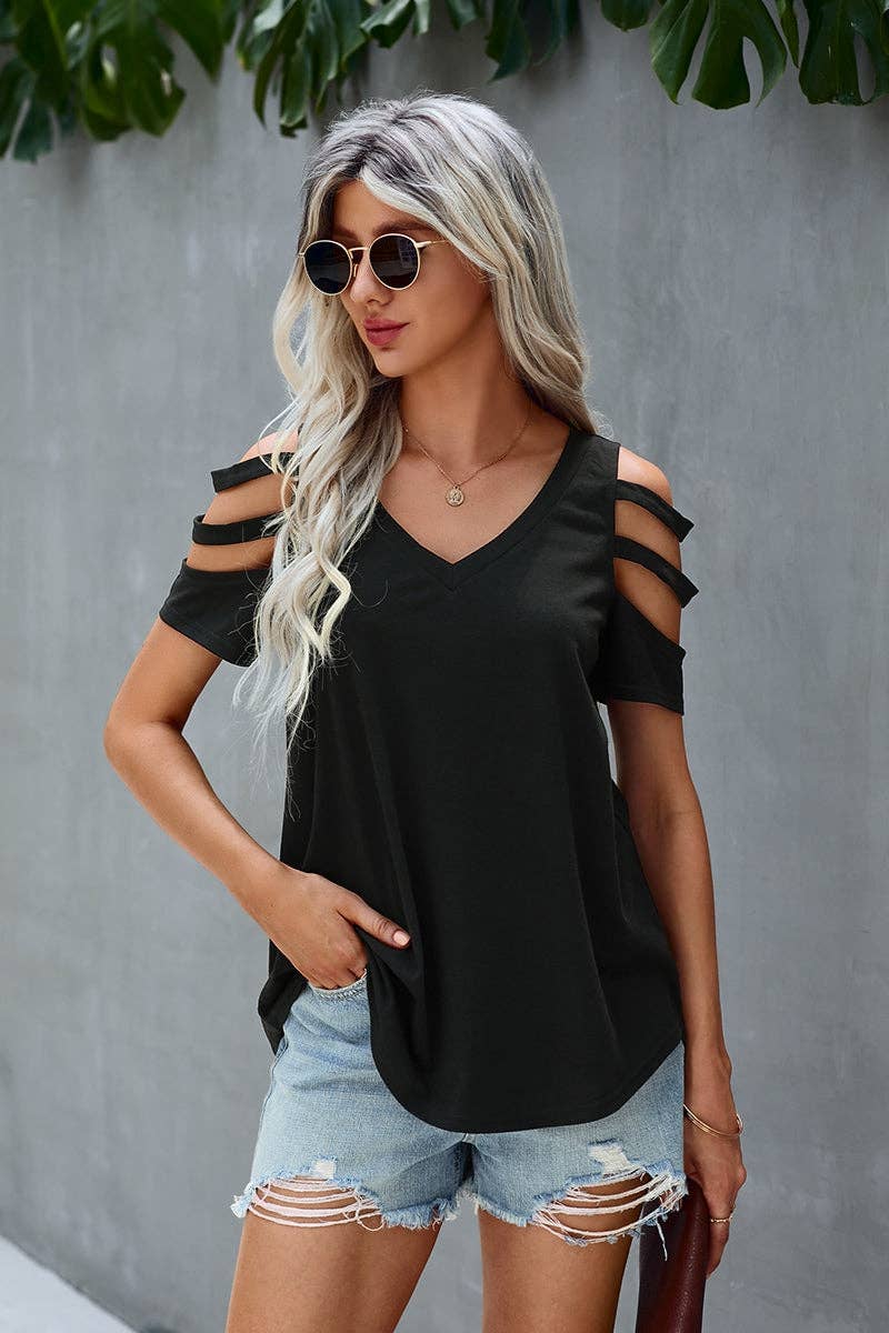 Supreme Fashion - Wholesale Blouse - Women's - Short Sleeve Cutout Cold Shoulder Top