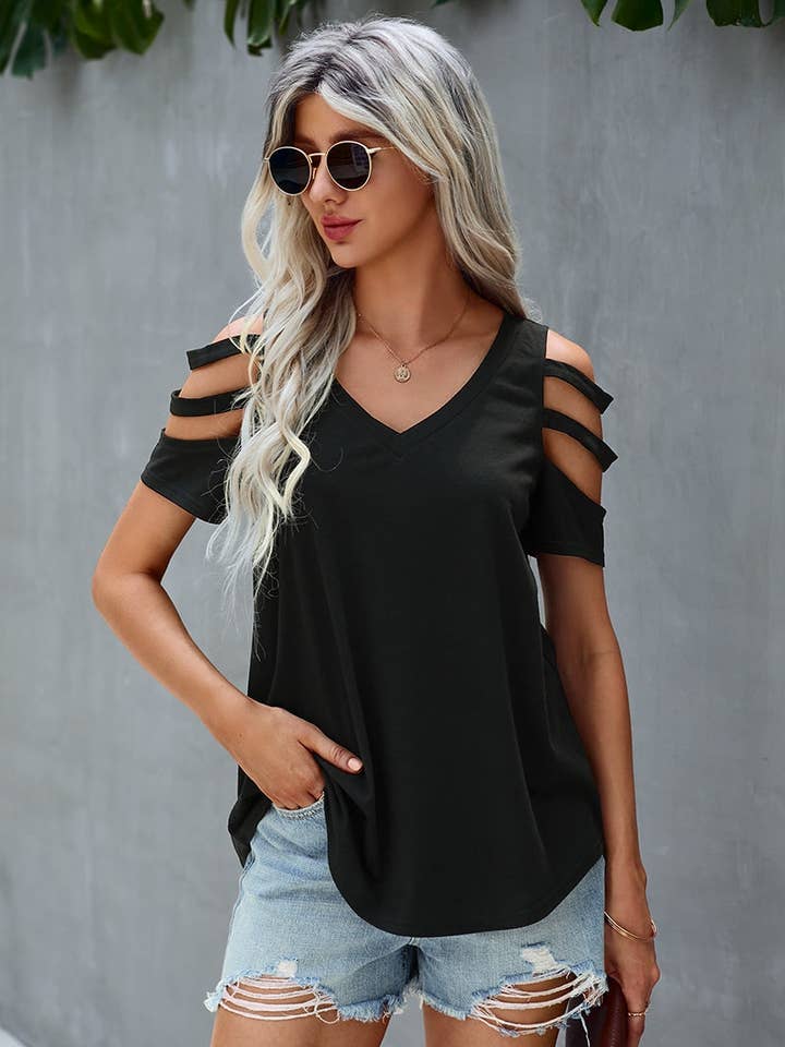 Supreme Fashion - Wholesale Blouse - Women's - Short Sleeve Cutout Cold Shoulder Top0