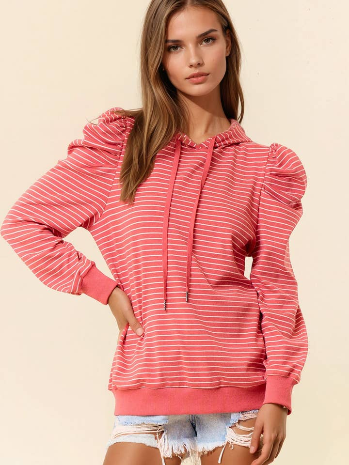PUFF SLEEVE STRIPE HOODIE - 14744T-1 for wholesale by Doe and Rae