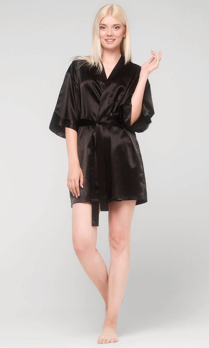 LM Brands Black Satin Kimono Short Robe LM9060-Black for wholesale on Faire5