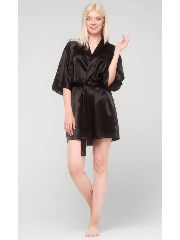 LM Brands Black Satin Kimono Short Robe LM9060-Black for wholesale on Faire5